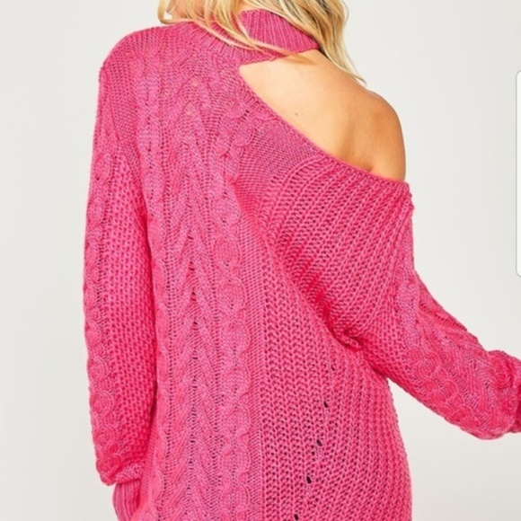 NWT One Shoulder Mock Neck Cable Knit Sweater in Tan, S - Picture 4 of 9